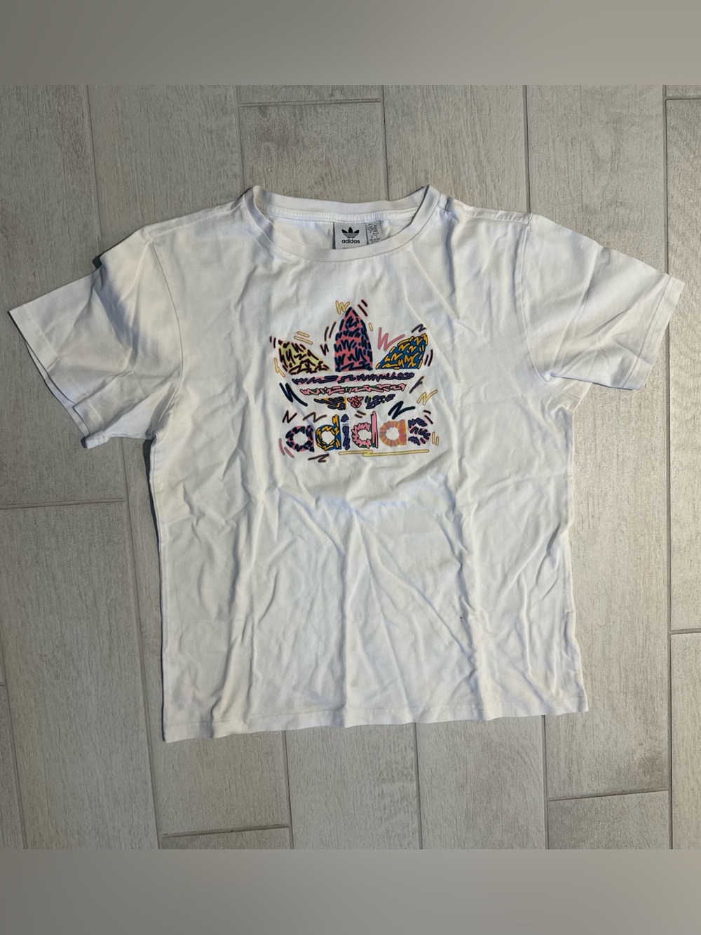adidas White Tee with Colorful Trefoil Graphic